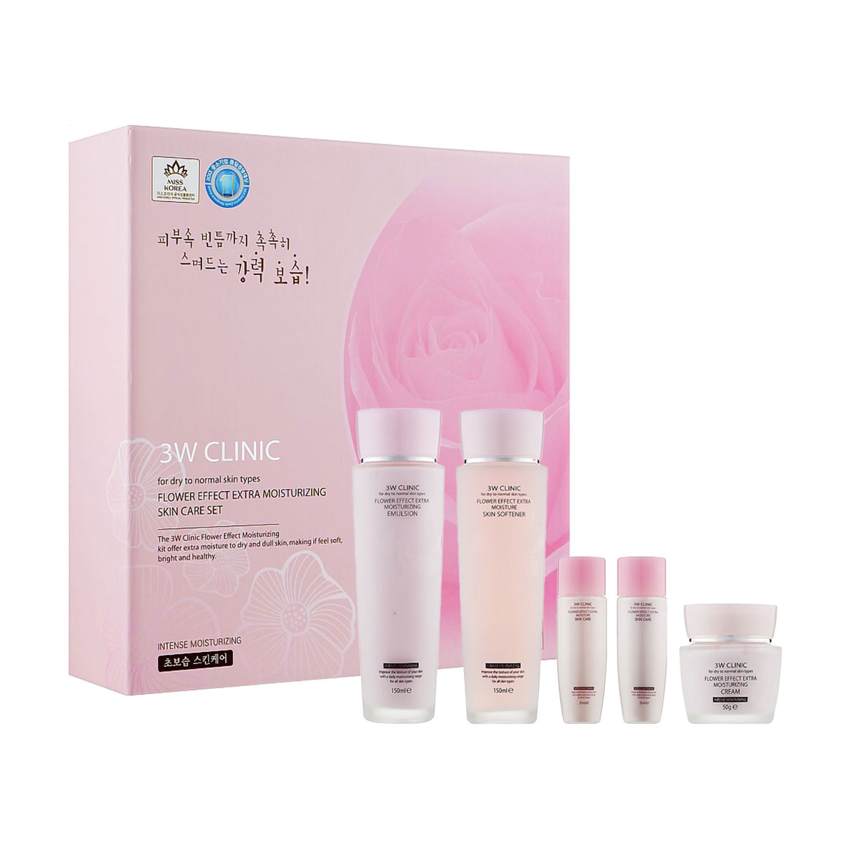Набір для обличчя 3W Clinic Flower Effect Extra Moisturizing 3 Kit Set (тонер, 150 мл та 30 мл + емульсія 150 мл та 30 мл + крем, 50 мл)